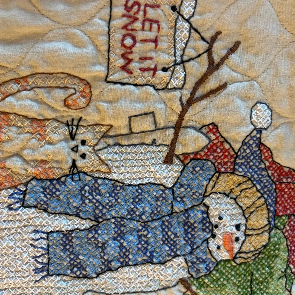 Snowman cross stitch Quilt with Colorful Scarves 39”x 30”